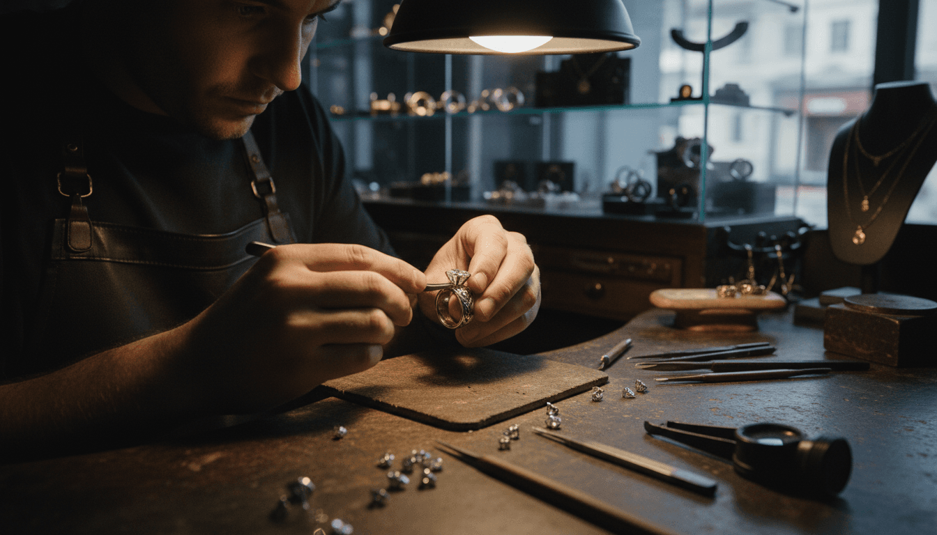 Master craftsperson working on a custom luxury diamond watch with precision tools and gold materials