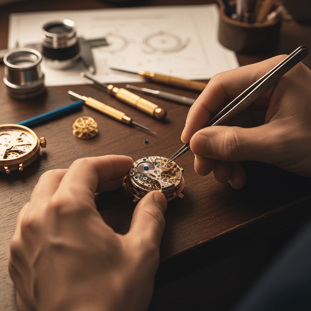 Detailed view of custom watch movement assembly