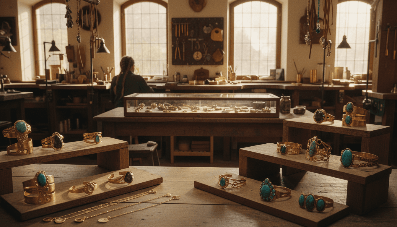 Luxury artisan workshop with master craftsperson creating bespoke jewelry pieces