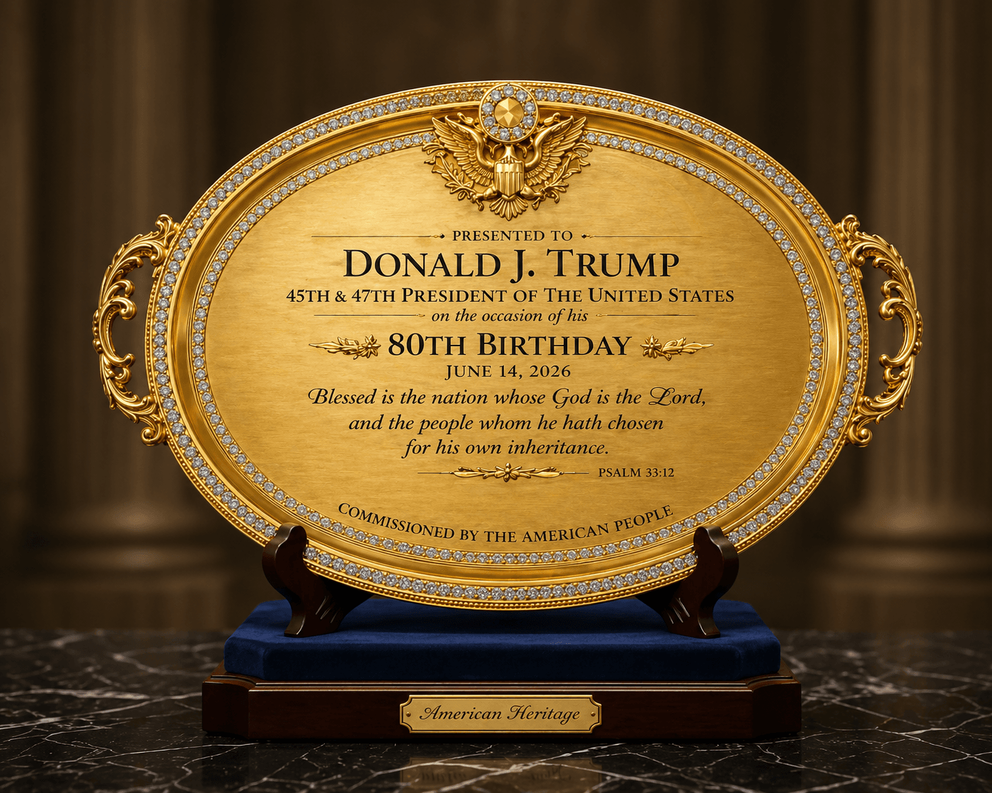 Ornate gold plaque with diamond border honoring Donald Trump's 80th birthday on a stand.