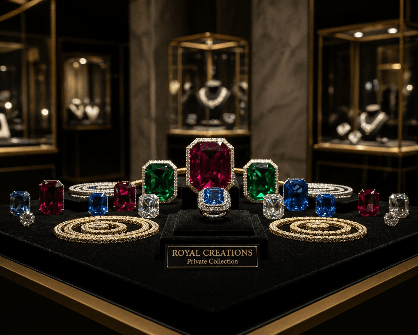 Large colorful emerald-cut gemstones and gold jewelry displayed on black velvet in a luxury boutique.