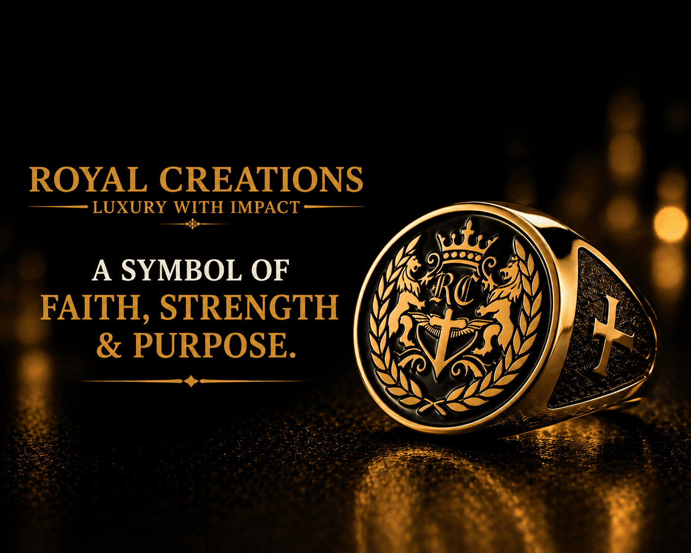 Gold signet ring with a lion crest and cross on a dark, shimmering background.