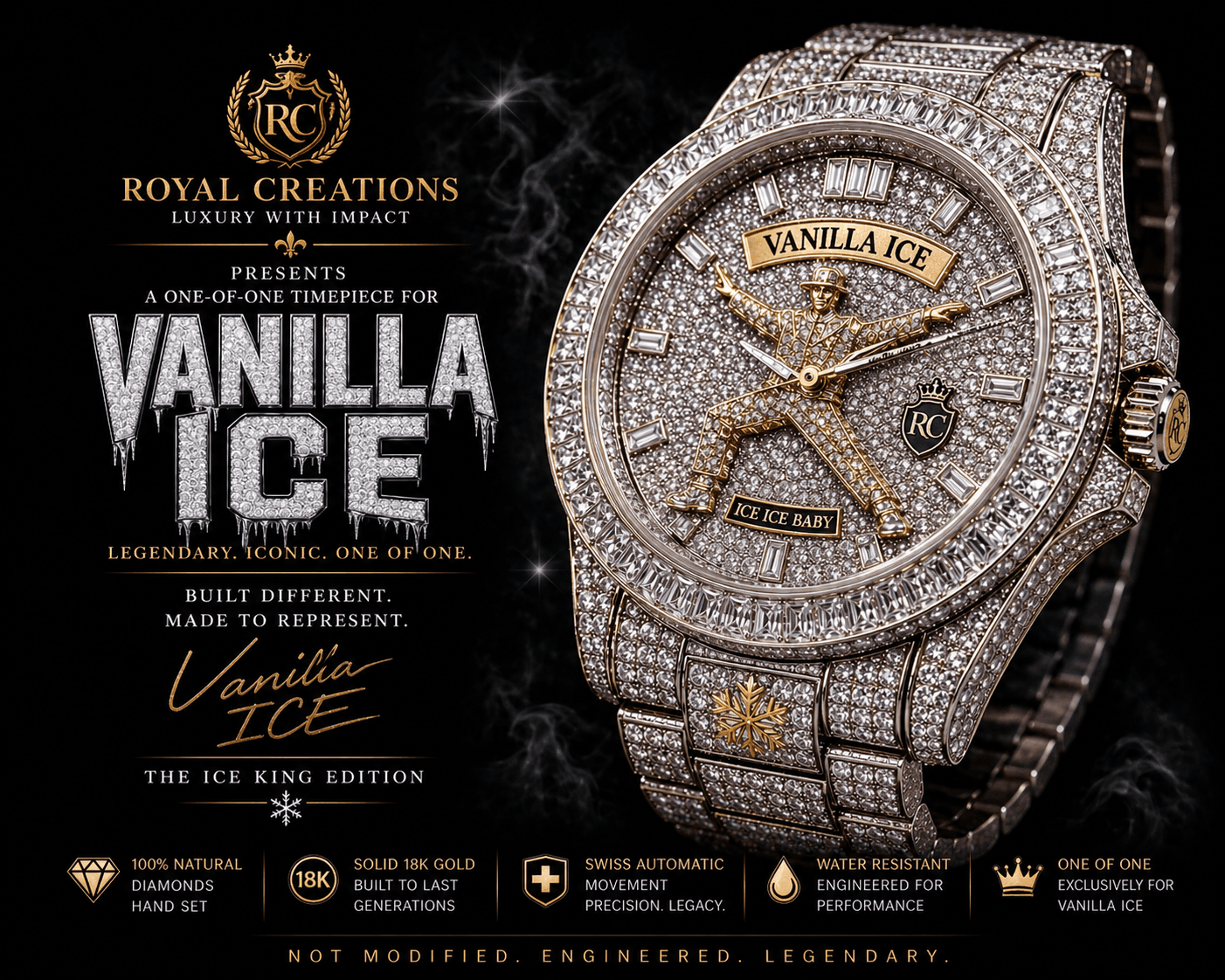 Diamond-encrusted Royal Creations watch featuring a gold Vanilla Ice figure and "Ice Ice Baby".