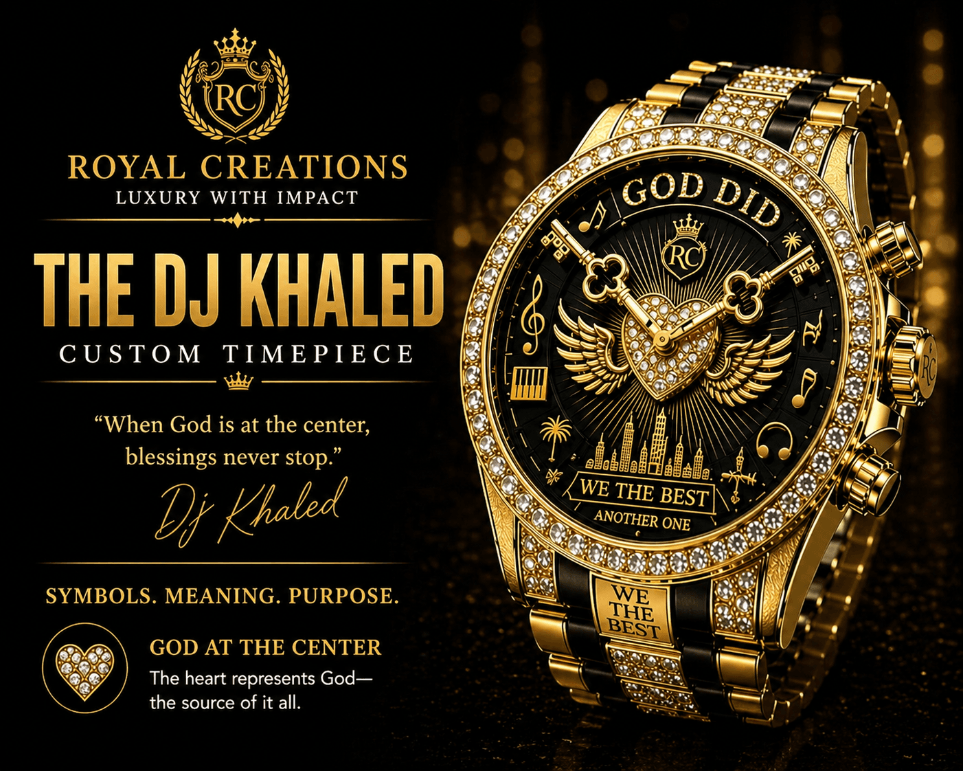 Gold and diamond-encrusted DJ Khaled custom watch with intricate symbols and "GOD DID" text.